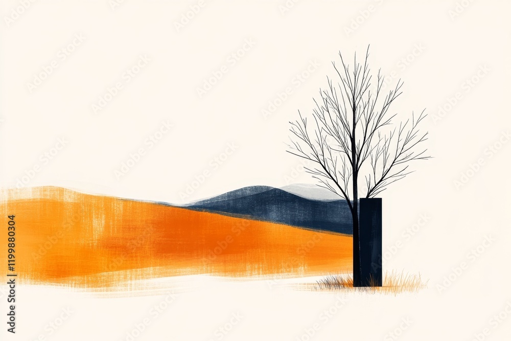 Poster A minimalist concept of a window with a single tree branch visible through it, drawn with clean lines and neutral tones