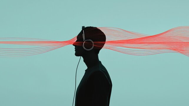 A silhouette of a person listening to music, immersed in sound waves.
