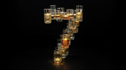 number 7 formed entirely from glasses arranged on a black background, modern and artistic composition showcasing beverage culture, dark backdrop highlighting the unique and stylish design of the glass