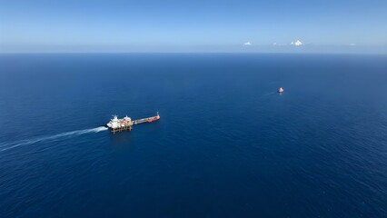 Aerial view of an oil platform and a tanker ship on a vast, deep blue ocean under a clear sky.  A smaller vessel is visible in the distance.