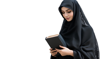  An attractive Emirati woman wearing a black abaya holding a book, transparent background Png