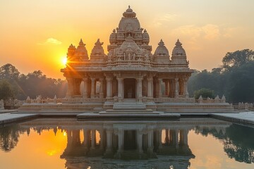 Fototapeta premium Majestic temple reflecting in calm water during sunrise in serene landscape