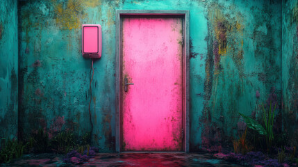 Off-Grid Living, A vibrant pink door stands against a textured, colorful wall, complemented by an old mailbox, creating a striking and artistic backdrop.