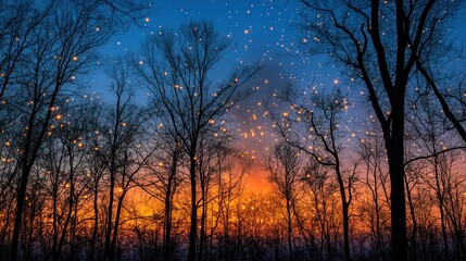 Fototapeta premium Twilight Flames Dance Enchanted Forest Nature Photography Serene Environment Atmospheric View Magical Concept