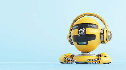 Yellow robot with headphones on blue background