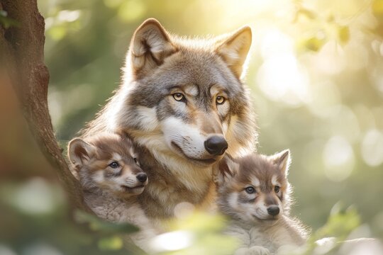 A mother wolf feeding her cubs in a den, with soft sunlight filtering through the entrance