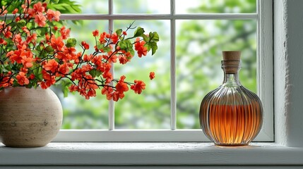 Serene Windowsill Still Life: Orange Blossoms and Amber Liquid