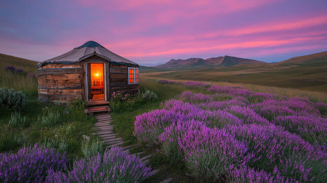 Off-Grid Living, A cozy wooden cabin surrounded by vibrant purple flowers under a stunning pink and purple sky at twilight.