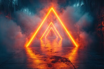 Colorful glowing neon triangles create a dynamic atmosphere in a misty, dark setting designed for visual impact and creativity