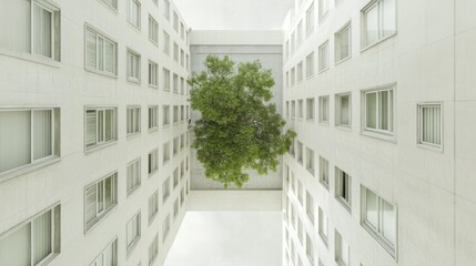 A serene view of a green tree thriving in an urban courtyard between modern buildings