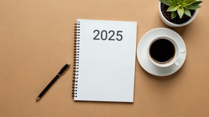 Flatlay image of a 2025 notepad, pen, coffee, and succulent. Perfect for planning, new year, goals, and business concepts.