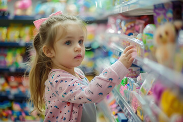 Generative AI image of a cheerful child enjoying a visit to a colorful toy store