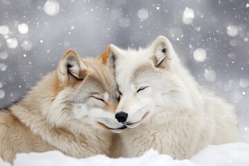 Obraz premium A pair of wolves nuzzling each other affectionately, symbolizing their bond and loyalty