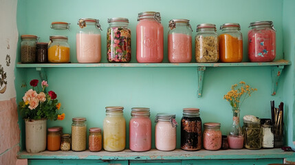 Off-Grid Living, A colorful display of jars filled with various contents on a turquoise wall shelf, complemented by fresh flowers in a vase.