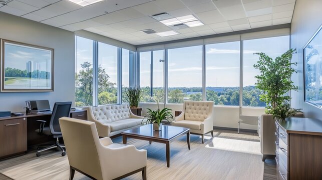 Modern, open office interior with stylish furnishings and ample natural light, creating a welcoming and productive work environment. 