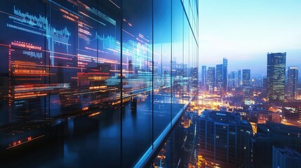 Fototapeta premium Strategizing Business Growth High-rise Office Glass Wall Analysis Urban Environment Corporate Insight