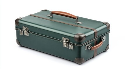 Large dark green suitcase with sturdy handles and zippers, isolated on white 