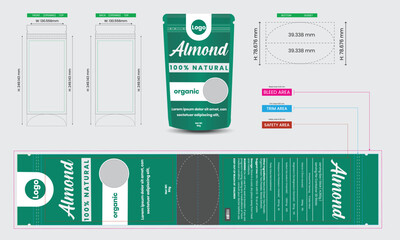 Almond pouch design template, 100% natural, pouch packaging mockup, food and product branding design