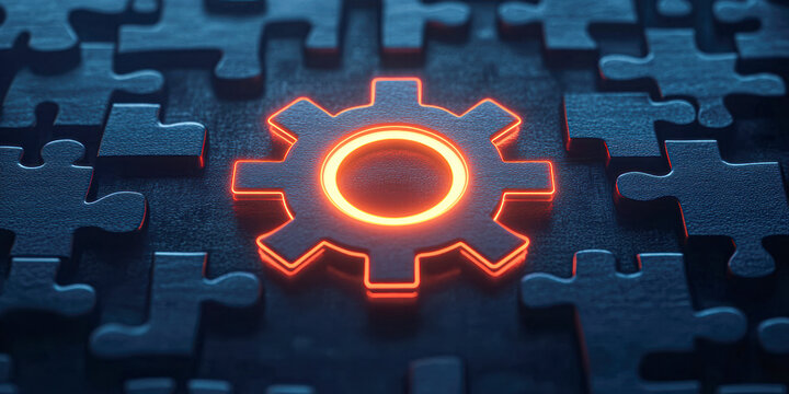 Tech revolution gear symbol on puzzle background digital art abstract close-up