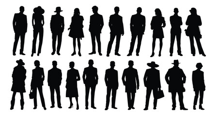 Silhouettes of diverse casual business people in various poses, including standing and walking. Full length black monochrome vector illustrations on a white background.