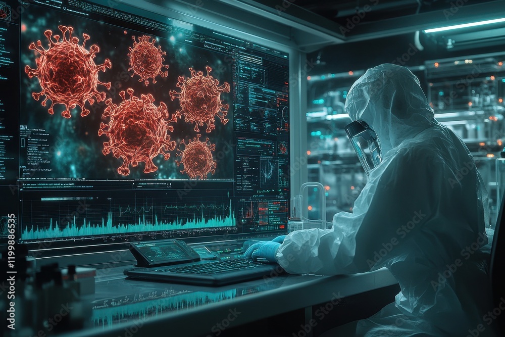 Poster scientist analyzes computer simulations of viruses in a high-tech laboratory environment to understa
