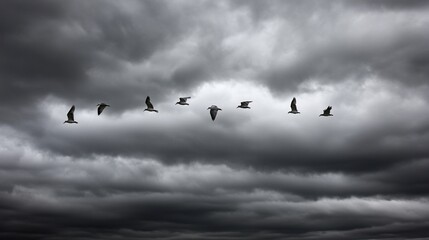 Obraz premium Birds flying in formation under dark storm clouds.