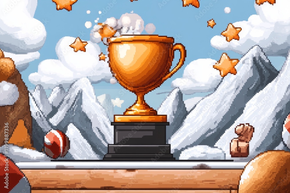 Poster A pixel art trophy on a podium surrounded by animated sparkling stars and cheering pixelated characters, set in a retro-style game scene