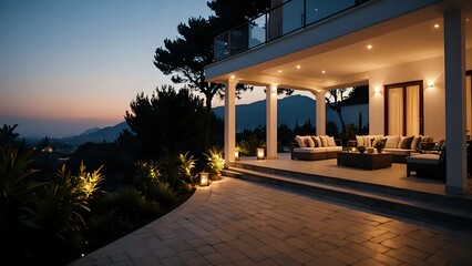 Fototapeta premium Luxurious villa patio at dusk, overlooking scenic mountains. Warm lighting illuminates comfortable outdoor furniture.