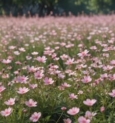 A field of soft pink wildflowers swaying gently in the breeze, serene atmosphere , pastel colors, soft focus