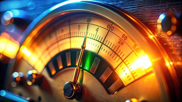 4K loop animation:  vintage audio gear's VU meter and recording needle move rhythmically in a dimly lit studio.