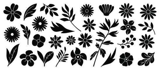 Set of flower and leaf silhouettes. Hand drawn floral elements including wildflowers, garden blooms, and various leaves. 