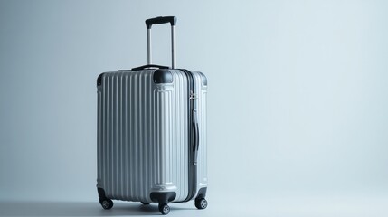 Lightweight silver suitcase with an expandable feature, isolated on a crisp white surface 