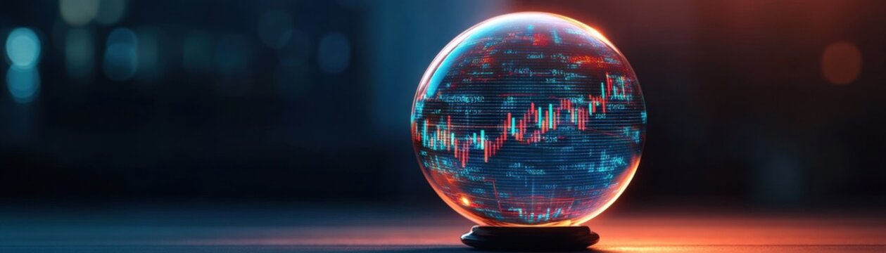 A crystal ball revealing stock market trends and data visualizations.