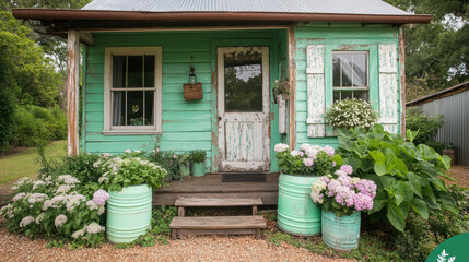 Off-Grid Living, Charming mint green cottage adorned with vibrant flowers and decorative barrels, set in a serene garden environment.