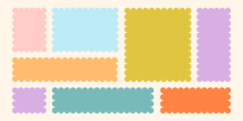 Frames Scalloped Vector Corrugated Bento Grid Shapes Set. Scallop Frame Wavy Retro Stickers Collection. Zig Zag Edge Geometric Borders Tag Boxes. Wiggle Line Design Sign Background. Isolated