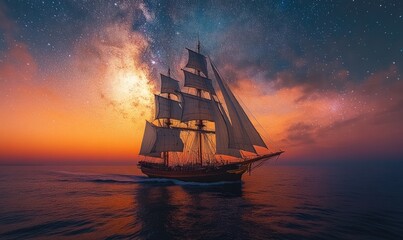 Obraz premium Sailing ship, starry sunset, ocean voyage.