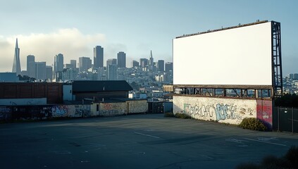 Obraz premium A blank white billboard on the side of an urban building, cityscape in the background