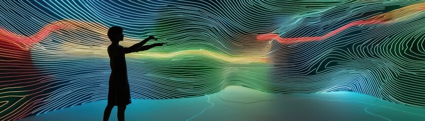 Obraz premium A person interacting with colorful digital waves and patterns.