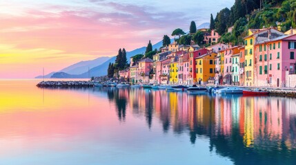 Serene Lakeside Village at Sunrise with Colorful Reflections