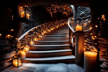 A rustic wooden staircase winding upward, surrounded by stone walls and warm lighting