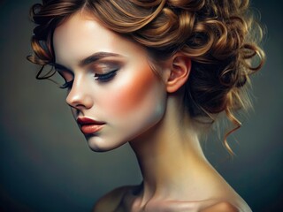 Fototapeta premium Closed eyes, poised model, stylish hair; a fashion documentary portrait of beauty.