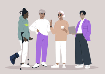 Fototapeta premium Four individuals discuss ideas and foster a sense of community, showcasing a blend of backgrounds and experiences in a vibrant, contemporary office atmosphere