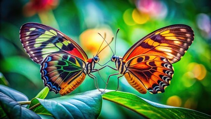 Obraz premium Close-up of two butterflies embracing, a beautiful artistic wildlife moment captured in a garden.