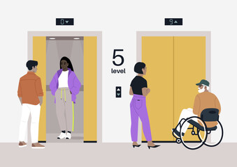 A group of people engages in conversation in an elevator hall, patiently awaiting their turn as they prepare to reach their floor, Various ages and interactions highlight social dynamics © nadia_snopek