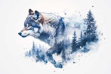 A serene watercolor depiction of a wolf running through a snow-covered forest, with splashes of blue and white blending into the scenery