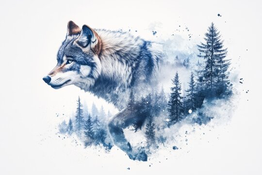 A serene watercolor depiction of a wolf running through a snow-covered forest, with splashes of blue and white blending into the scenery