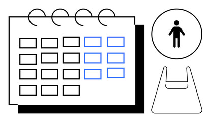 Calendar pages with a layer effect, highlighted user icon, and document outline. Ideal for scheduling, organization, productivity, HR management, job assignment, project planning abstract line flat