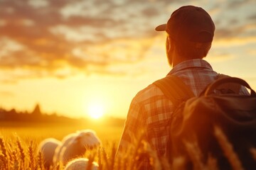 Fototapeta premium A shepherd walking alongside a wheat field with a flock of sheep grazing nearby, under the golden evening sun