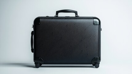 Modern black suitcase with a carbon fiber texture, isolated on a sleek white background 