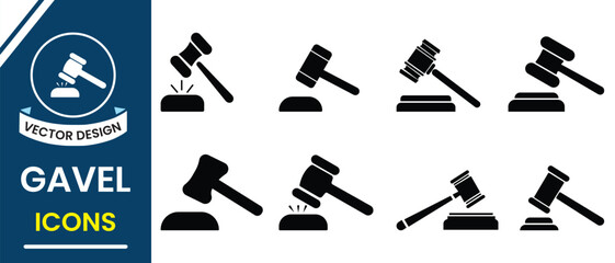 Gavel icon set. judge gavel icon vector illustration. Court tribunal symbol, icon. Judge's gavel, court hammer icon, silhouette set. Hammer vector illustration.